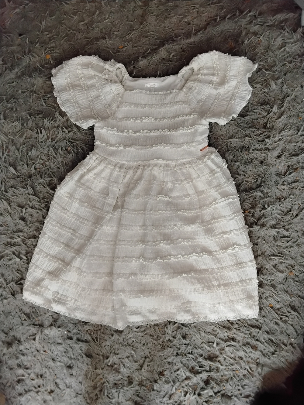 Tahari White Textured Puff-Sleeve Girls Dress
